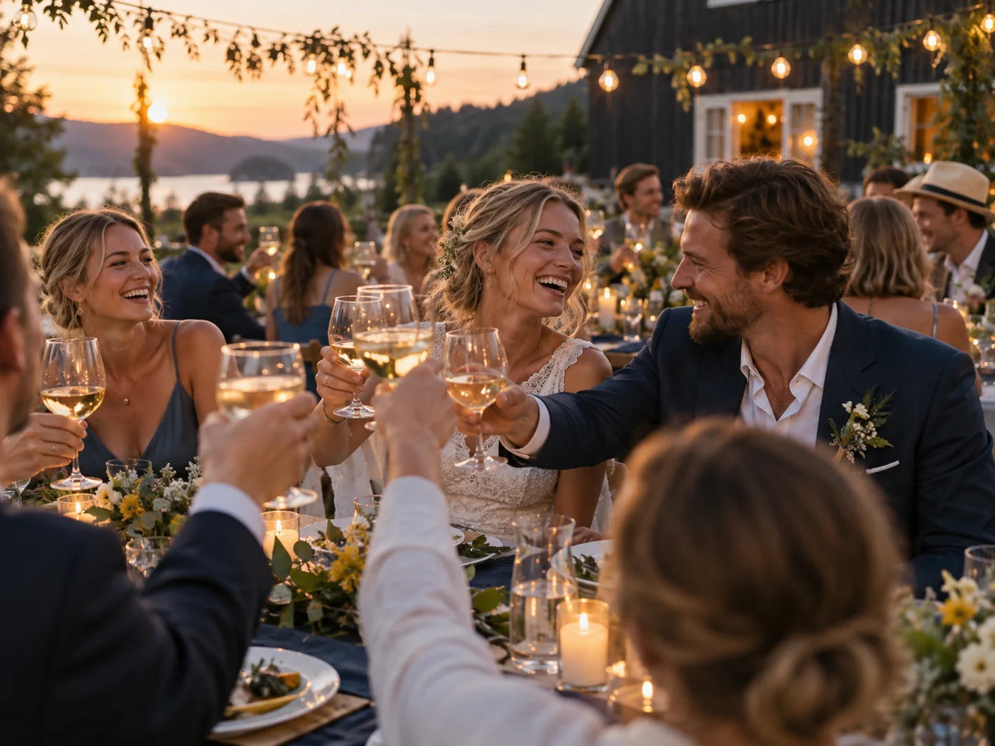 Fictional example: wedding guests sharing a toast.